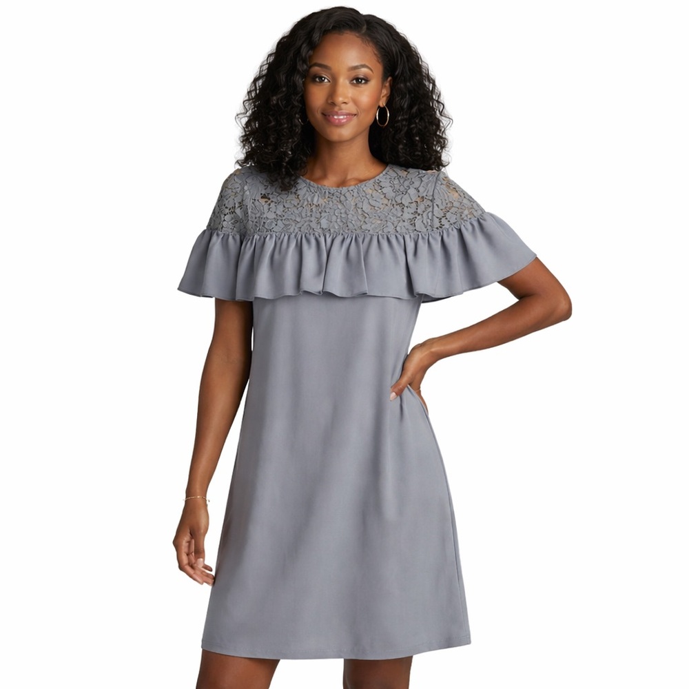 H&M Chic Gray Lace Ruffle Mini Shift Dress size 2